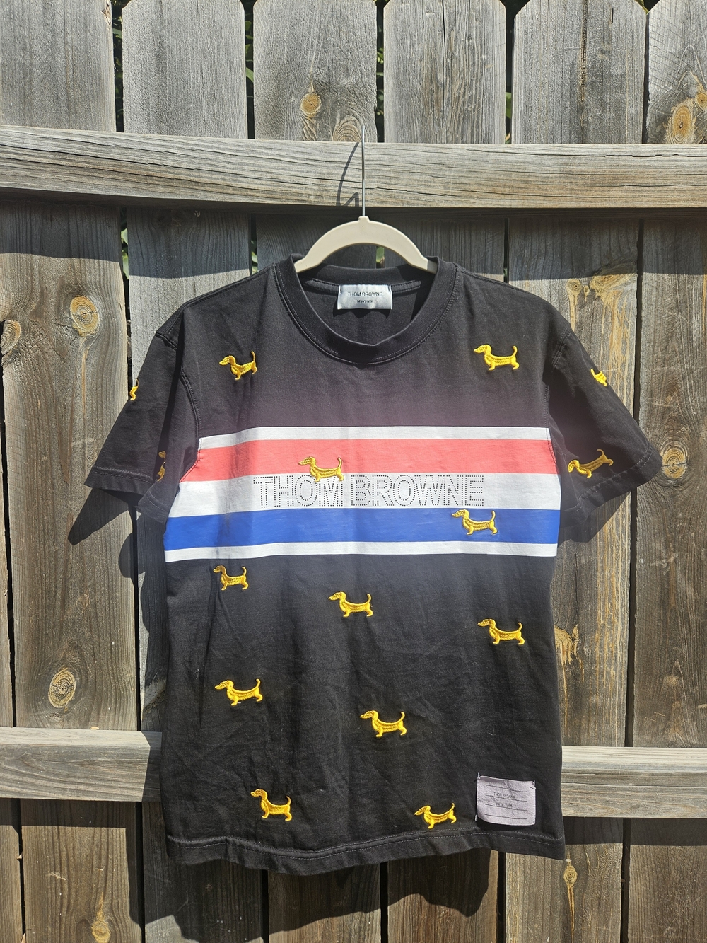 Thom Browne Black Tee with Red White Blue Stripe and Yellow Dog Embroidery